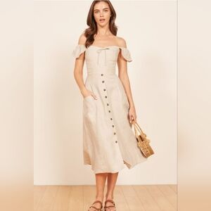 Reformation 100%  linen Francis midi dress in oatmeal color size 4